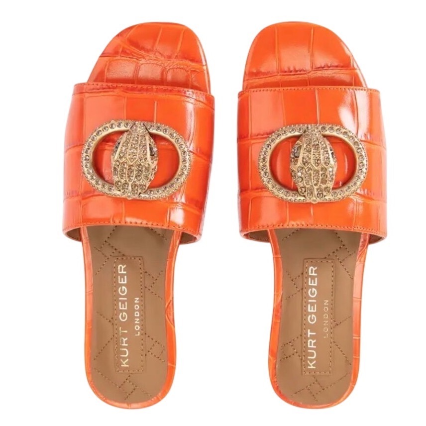 Kurt Geiger Orange Croc Embossed Leather Sandals Crystal Embellished Toe Low 8.5